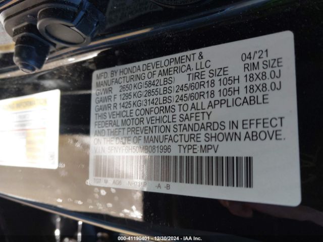 5FNYF6H50MB081996 Honda Pilot Awd Ex-l