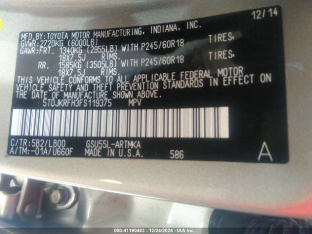 5TDJKRFH3FS119375 Toyota Highlander Xle V6