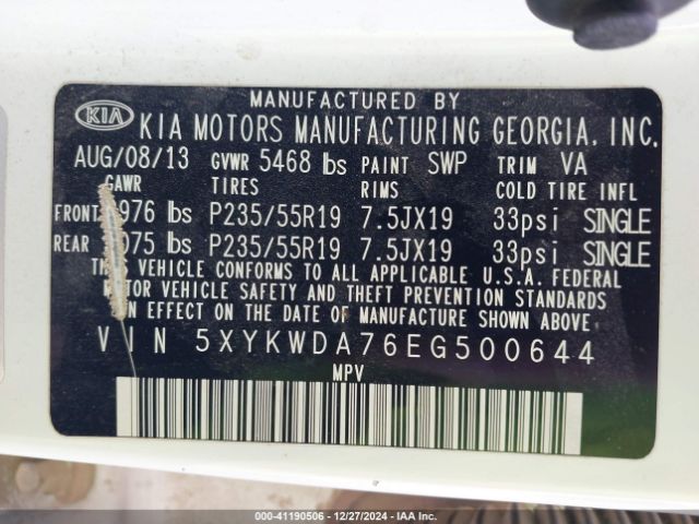 5XYKWDA76EG500644 KIA Sorento Limited V6