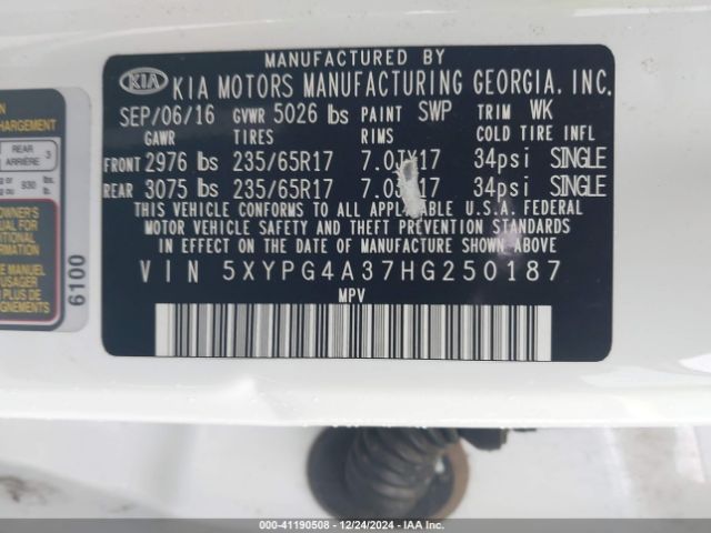 5XYPG4A37HG250187 KIA Sorento 2.4l Lx