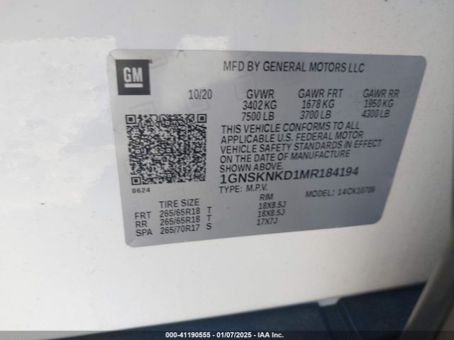 1GNSKNKD1MR184194 Chevrolet Tahoe 4wd Lt
