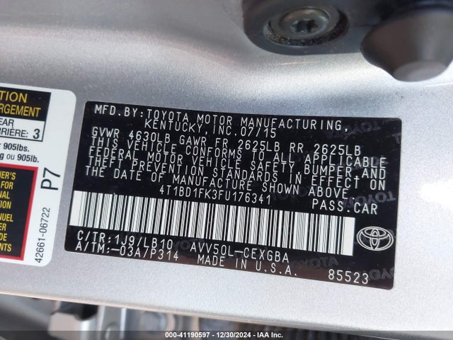 4T1BD1FK3FU176341 Toyota Camry Hybrid Xle