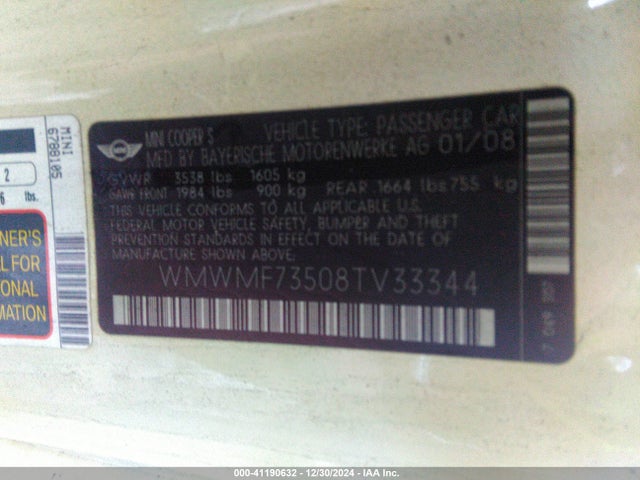 2008 MINI COOPER S WMWMF73508TV33344 Photo 8