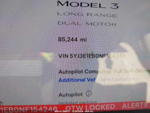 5YJ3E1EB0NF154246 Tesla Model 3 Long Range Dual Motor All-wheel Drive