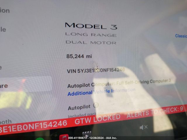 5YJ3E1EB0NF154246 Tesla Model 3 Long Range Dual Motor All-wheel Drive