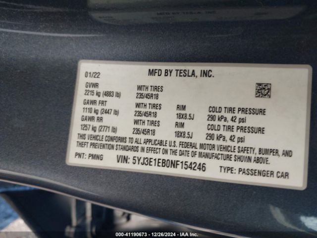 5YJ3E1EB0NF154246 Tesla Model 3 Long Range Dual Motor All-wheel Drive