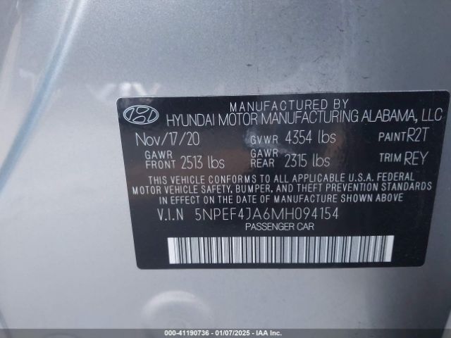 5NPEF4JA6MH094154 Hyundai SONATA SEL