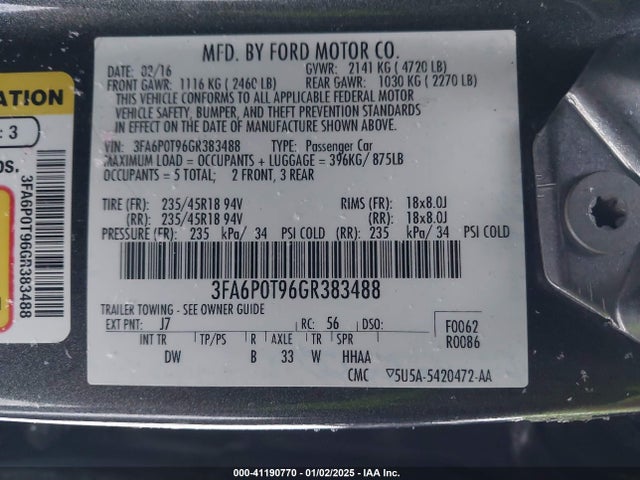 Ford FUSION SE 2016 3FA6P0T96GR383488 Image 9