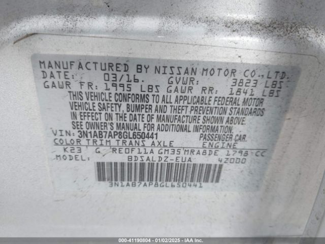 3N1AB7AP8GL650441 Nissan Sentra Fe+ S/s/sl/sr/sv