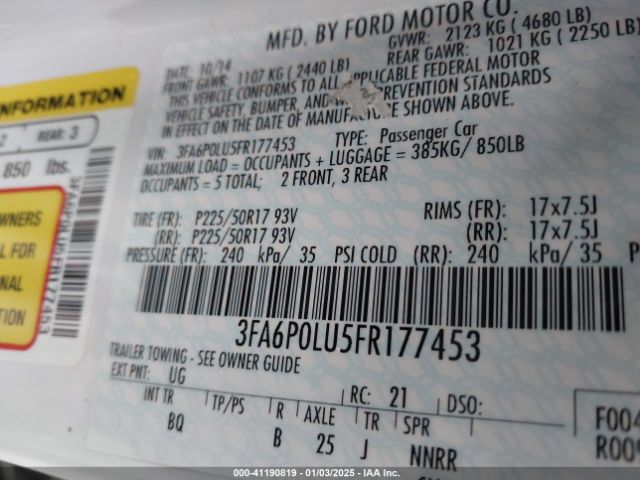 3FA6P0LU5FR177453 Ford Fusion Hybrid Se
