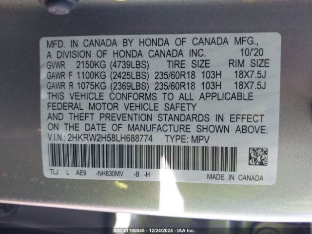 2HKRW2H58LH688774 Honda Cr-v Awd Ex