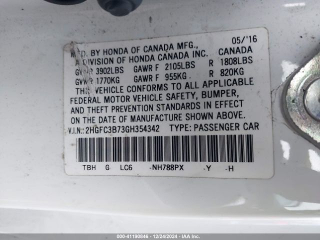 2HGFC3B73GH354342 Honda Civic Ex-l