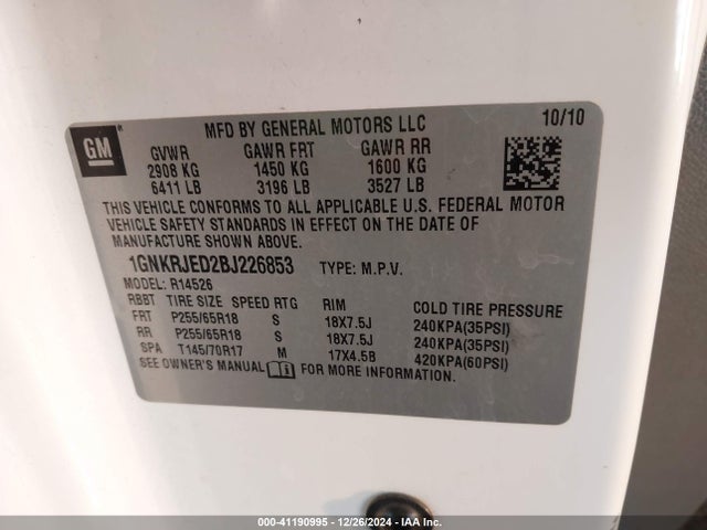 Продаж на аукціоні авто 2011 Chevrolet Traverse 2lt, vin: 1GNKRJED2BJ226853, номер лоту: 41190995