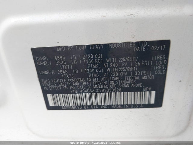 Subaru Outback 2.5i Premium 2017 4S4BSACC2H3353926 Image 9