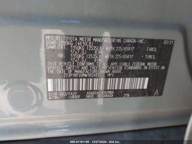 2T3P1RFVXMW183461 Toyota Rav4 Xle