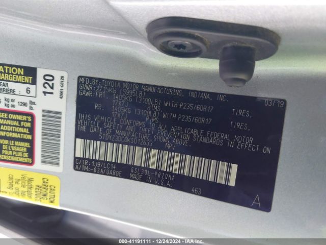 5TDYZ3DC0KS012633 Toyota Sienna Xle 8 Passenger