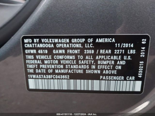 1VWAS7A38FC043652 Volkswagen Passat 1.8t Wolfsburg Edition