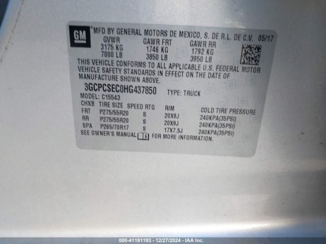 3GCPCSEC0HG437850 Chevrolet Silverado 1500 1lz