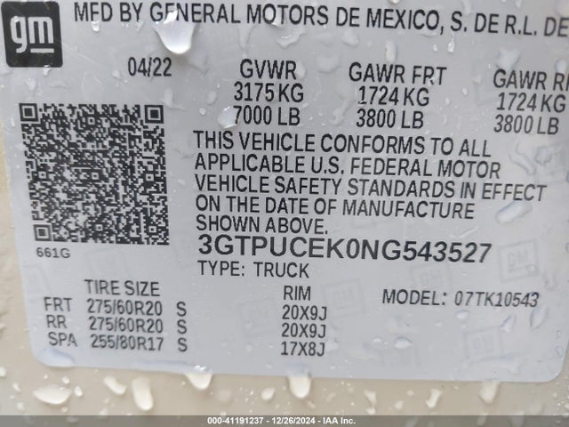 3GTPUCEK0NG543527 GMC Sierra 1500 4wd  Short Box Elevation With 3sb