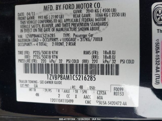 2012 FORD MUSTANG 1ZVBP8AM1C5216285 Photo 8