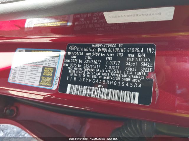 5XYPG4A58HG194584 KIA Sorento 3.3l Lx