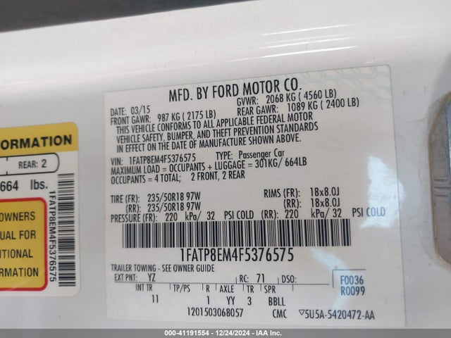 Ford Mustang V6 2015 1FATP8EM4F5376575 Image 9
