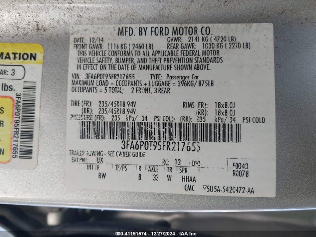 Ford FUSION SE 2015 3FA6P0T95FR217655 Image 9