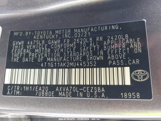 Toyota CAMRY SE 2021 4T1G11AK2MU445352 Image 9