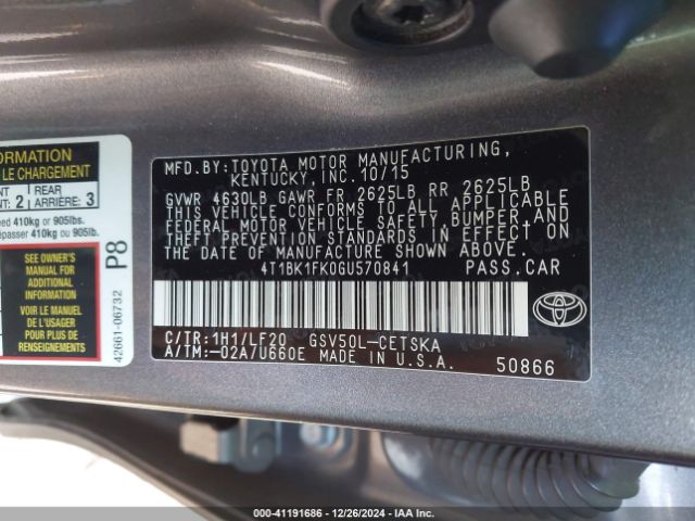 4T1BK1FK0GU570841 Toyota Camry Xse V6