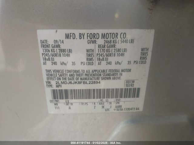 2LMDJ6JK8FBL22894 Lincoln MKX