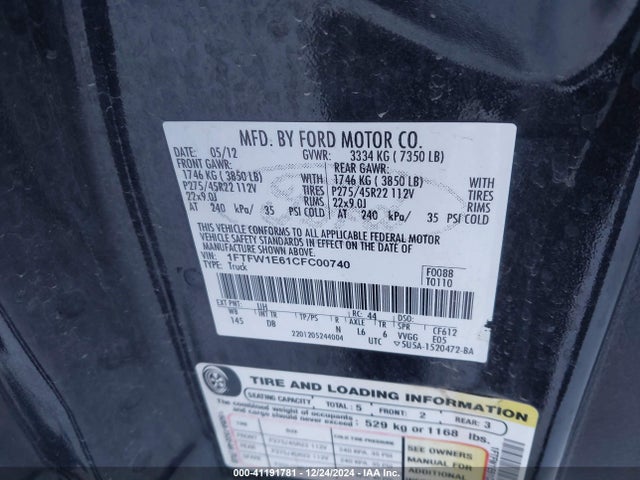 Продаж на аукціоні авто 2012 Ford F-150 Harley-davidson, vin: 1FTFW1E61CFC00740, номер лоту: 41191781