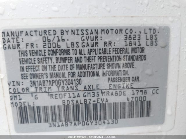 3N1AB7AP0GY304130 Nissan Sentra Fe+ S/s/sl/sr/sv