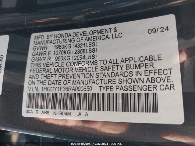 1HGCY1F36RA090650 Honda ACCORD EX