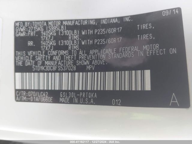 5TDYK3DC8FS537028 Toyota Sienna Xle/limited