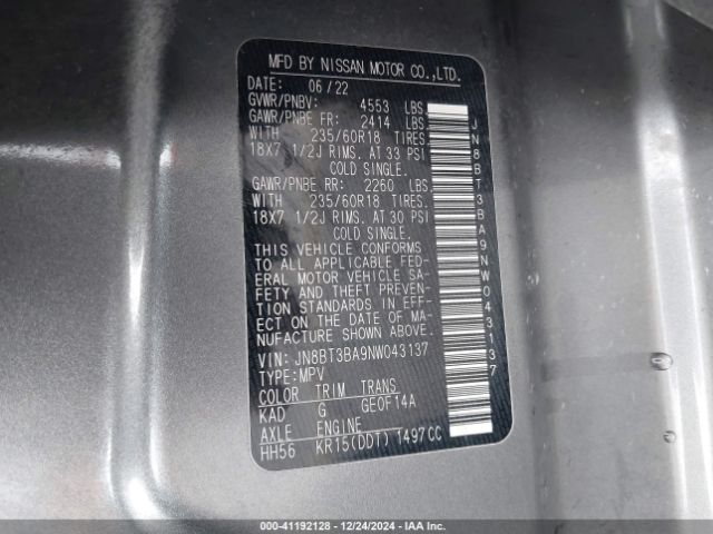 JN8BT3BA9NW043137 Nissan Rogue Sv Fwd