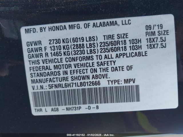 5FNRL6H71LB012666 Honda Odyssey Ex-l/ex-l W/navi   Res