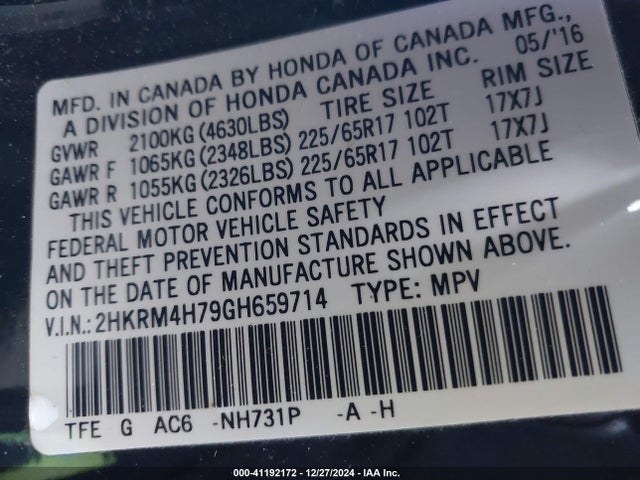 Honda Cr-v Ex-l 2016 2HKRM4H79GH659714 Image 9