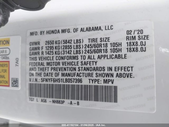 5FNYF6H51LB057396 Honda Pilot Awd Ex-l