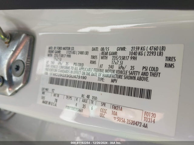 Ford ESCAPE SE 2016 1FMCU9GX9GUA75190 Image 9