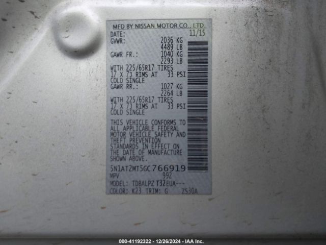 5N1AT2MT5GC766919 Nissan Rogue S/sl/sv