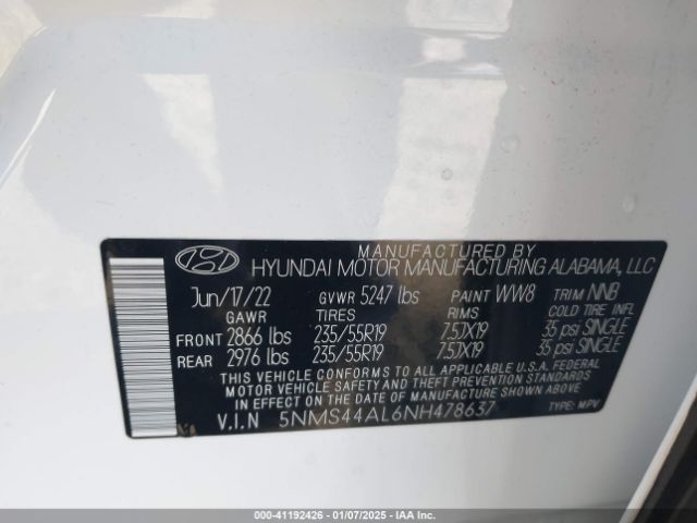 5NMS44AL6NH478637 Hyundai Santa Fe Limited