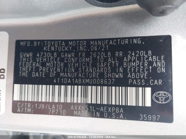 4T1DA1ABXMU008637 Toyota Avalon Limited Hybrid