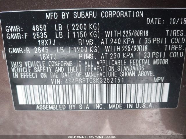 4S4BSETC3K3252151 Subaru Outback 3.6r Touring