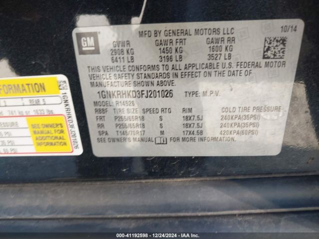 1GNKRHKD3FJ201026 Chevrolet Traverse 2lt