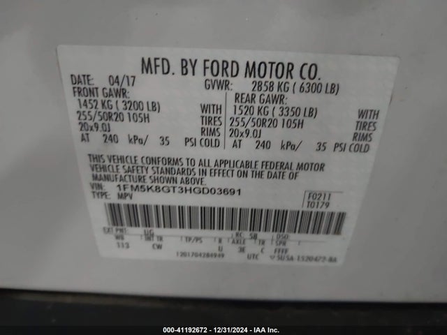 Ford EXPLORER SPORT 2017 1FM5K8GT3HGD03691 Image 9