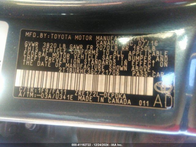 2T1BURHE3GC721706 Toyota COROLLA L