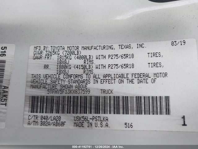 5TFHY5F13KX837599 Toyota Tundra Limited 5.7l V8