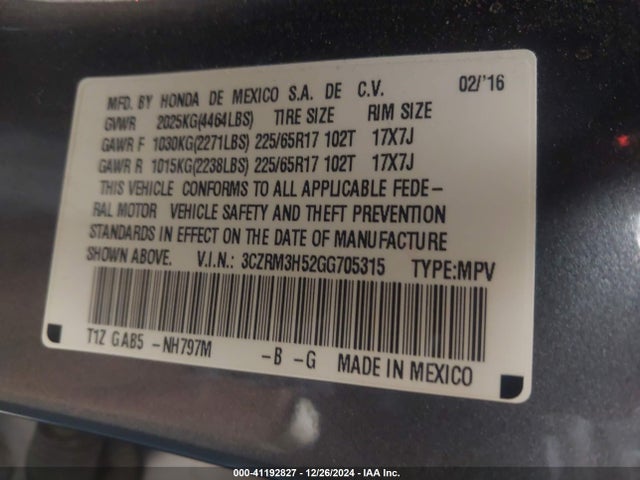 Honda CR-V EX 2016 3CZRM3H52GG705315 Image 9