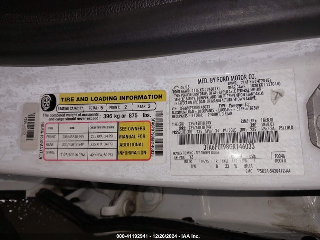 Ford FUSION SE 2016 3FA6P0T98GR146033 Image 9