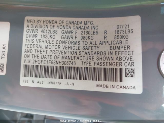2022 HONDA CIVIC 2HGFE1F98NH306746 Photo 8